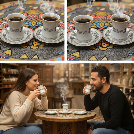  تفاصيل الرسومات الفنية الشعبية المصرية المعبرة عن الحب والدفء على فناجين طقم لمة حب
