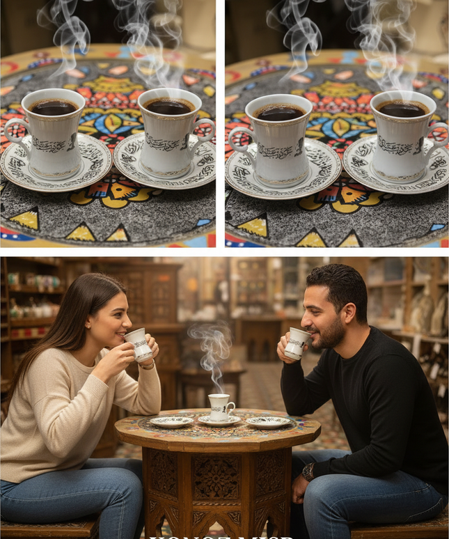  تفاصيل الرسومات الفنية الشعبية المصرية المعبرة عن الحب والدفء على فناجين طقم لمة حب
