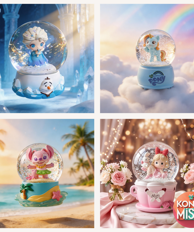 مجموعة كرات الثلج السحرية "حكايات الأحلام" 🔮 Snow Globes موسيقية مضيئة بشخصيات عالمية محبوبة - 4 تصاميم حصرية: Precious Moments الرومانسية، Stitch الاستوائي المرح، My Little Pony السحابي، Frozen Elsa الجليدية