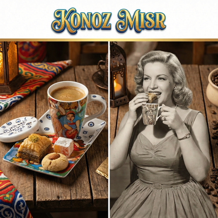  طقم كليدة الجبال من بورسلين فتحي محمود - أكواب كبيرة بغطاء وصواني بتصميم ريترو مميز للشخصيات القوية المرحة من كنوز مصر
