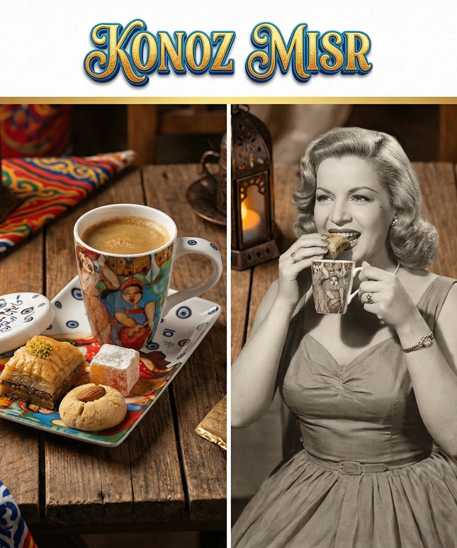  طقم كليدة الجبال من بورسلين فتحي محمود - أكواب كبيرة بغطاء وصواني بتصميم ريترو مميز للشخصيات القوية المرحة من كنوز مصر
