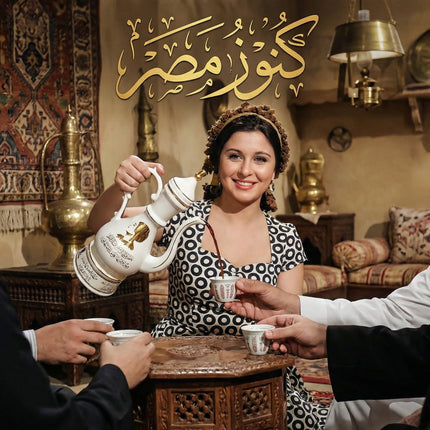 إبريق القهوة سراج الكرام من بورسلين فتحي محمود - تصميم تراثي كلاسيكي أبيض بزخارف ذهبية راقية للقهوة العربية في المجالس الأصيلة من كنوز مصر
