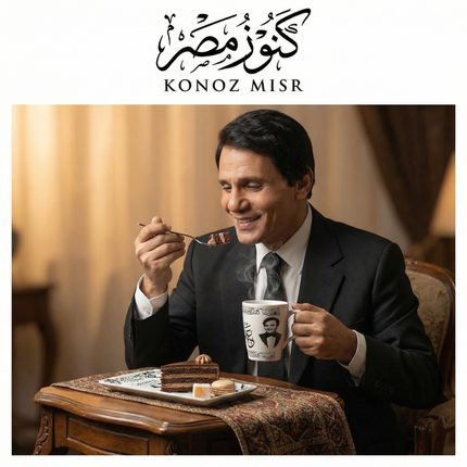  طقم العندليب الأسمر عبد الحليم حافظ من بورسلين فتحي محمود - أكواب كبيرة بغطاء وصواني تقديم بتصميم كلاسيكي أبيض وأسود لعشاق الزمن الجميل من كنوز مصر
