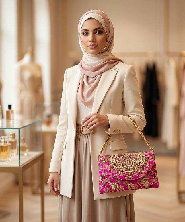 شنطة كنوز بلقيس الفوشيا كلاتش سهرة فاخر مطرز يدوياً باللؤلؤ الأبيض والخرز الذهبي - صناعة يدوية مصرية من كنوز مصر
