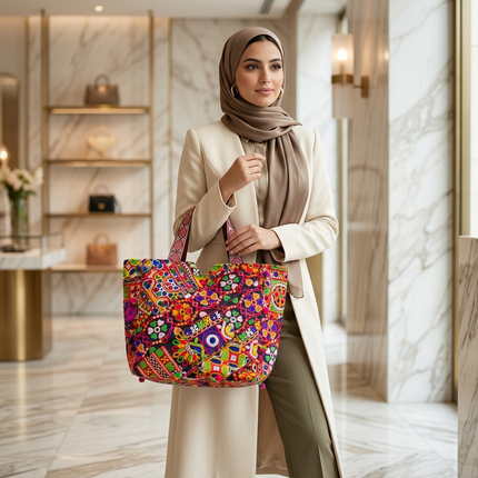 موديل محجبة أنيقة ترتدي معطف بيج وحجاب بني وتحمل شنطة السلطانة البوهيمية من كنوز مصر – حقيبة توت كبيرة بتطريز يدوي ملون كثيف ومرايا عاكسة وبوم بوم على الحواف، مناسبة للجامعة والعمل والسفر