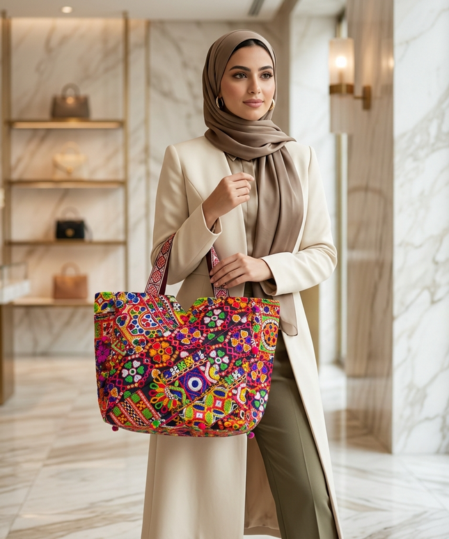 موديل محجبة أنيقة ترتدي معطف بيج وحجاب بني وتحمل شنطة السلطانة البوهيمية من كنوز مصر – حقيبة توت كبيرة بتطريز يدوي ملون كثيف ومرايا عاكسة وبوم بوم على الحواف، مناسبة للجامعة والعمل والسفر