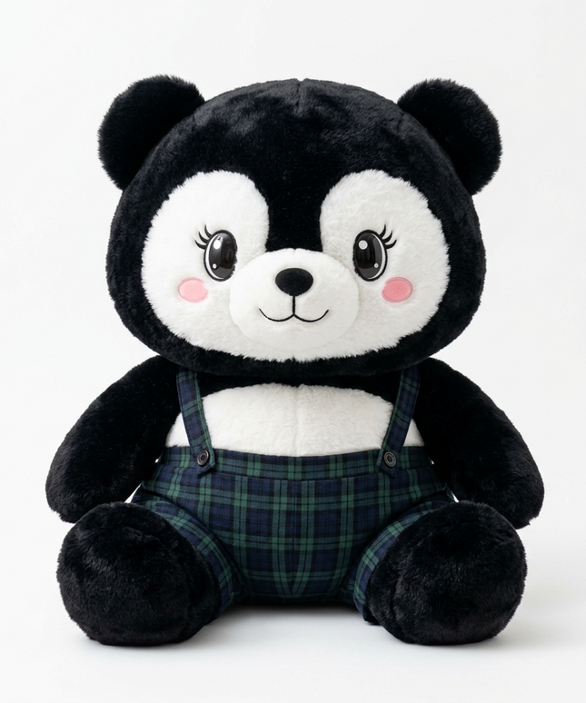 سمارت بوي الدب العصري من مجموعة أساطير السعادة المتنوعة - فراء أسود ناعم مع وجه أبيض مبهج - عيون كبيرة مطرزة برموش طويلة أسلوب أنمي - خدود وردية لطيفة - أوفرول سالوبيت بنقشة كاروهات أزرق وأخضر داكن - حمالات وأزرار حقيقية - تصميم عصري كوري - قطيفة سوداء وبيضاء فاخرة - شخصية عصرية أنيقة - خلفية بيضاء - كنوز مصر
