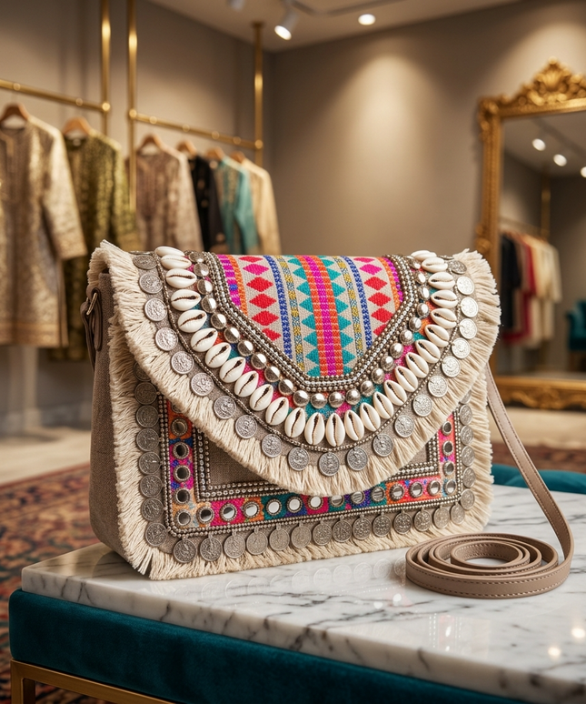 موديل محجبة أنيقة ترتدي بدلة كتان بيج فاخرة تحمل شنطة الواحة الملونة بحزام جلدي طويل - حقيبة كروس بوهيمية بتطريز ملون وصدف وعملات للخروجات العصرية والجامعة من كنوز مصر
