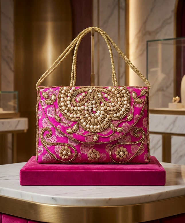 تفاصيل قريبة لشنطة جوهرة الملكية على قاعدة فوشيا مخملية فاخرة - كلاتش مطرز يدوياً يظهر التفاصيل الدقيقة للتطريز بمئات من حبات اللؤلؤ الأبيض الطبيعي والخرز الذهبي اللامع المرصع على قماش بروكار حريري فوشيا ملكي بنقوش بيزلي شرقية متداخلة وزخارف دائرية وحلزونية مع سلسلة ذهبية مجدولة - تحفة فنية فاخرة للمناسبات الرسمية من كنوز مصر
