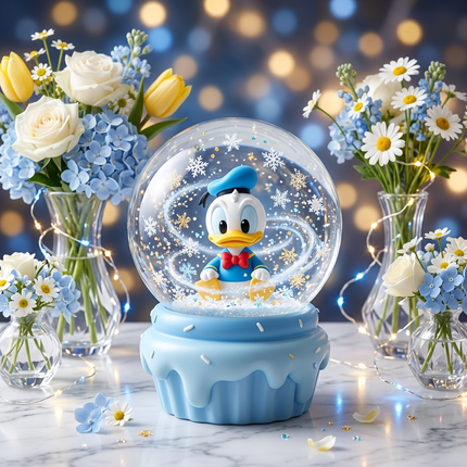 كرة ثلج صغيرة بتصميم كب كيك أزرق عليها شخصية بطوط (دونالد داك Donald Duck) وهو في مرحلة الطفولة البيبي - يرتدي قبعة البحار الزرقاء وفيونكة حمراء - قاعدة مصممة بشكل كريمة بيضاء سائلة - إضاءة LED زرقاء وبيضاء هادئة وموسيقى كلاسيكية - هدية لطيفة للأولاد وعشاق ديزني ونصف طقم الكابلز من كنوز مصر
