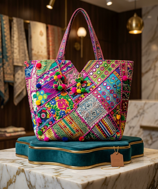  شنطة كرنفال السعادة من كنوز مصر على قاعدة مخملية تركواز – حقيبة توت كبيرة بباتشوورك بوهيمي بقطع ملونة متنوعة: زهور، دوائر، خطوط هندسية، تطريز مرايا عاكسة (شيشا)، وبوم بوم ملونة كثيفة – تحفة فنية تنبض بالحياة