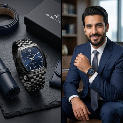 ساعة Aurelien Prestige Black من كنوز مصر - ستيل 316L وذهب 18K خالص مع أرقام رومانية بيضاء براقة وميناء أسود ناصع متألق، حركة كوارتز سويسري دقيقة جداً، سلسلة ستيل سميكة فاخرة جداً، عقارب ذهبية براقة، مقاومة ماء 100 متر، صندوق جلدي إيطالي فاخر، شهادة أصالة دولية موثقة، ضمان شامل 36 شهر، وزن 210 غرام
