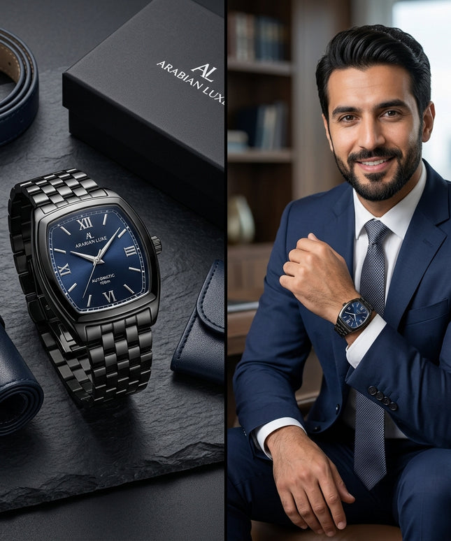 ساعة Aurelien Prestige Black من كنوز مصر - ستيل 316L وذهب 18K خالص مع أرقام رومانية بيضاء براقة وميناء أسود ناصع متألق، حركة كوارتز سويسري دقيقة جداً، سلسلة ستيل سميكة فاخرة جداً، عقارب ذهبية براقة، مقاومة ماء 100 متر، صندوق جلدي إيطالي فاخر، شهادة أصالة دولية موثقة، ضمان شامل 36 شهر، وزن 210 غرام
