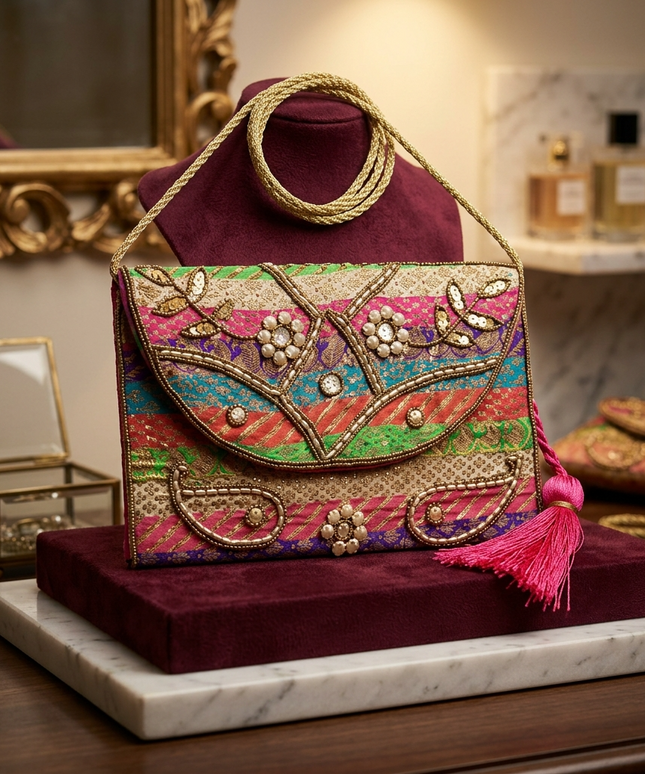 تفاصيل قريبة لشنطة حديقة الألوان الساحرة على قاعدة مخملية بنفسجية - كلاتش ظرف مطرز يدوياً بتطريز Zardozi ذهبي كثيف على 4 شرائح لونية متناغمة مع أكثر من 350 لؤلؤة وخرزة كريستالية ونقوش بيزلي تراثية وزهور ثلاثية الأبعاد وشرابة حريرية وردية فوشيا وسلسلة ذهبية مجدولة - تحفة فنية حصرية من كنوز مصر
