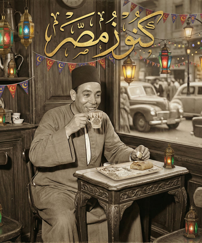  طقم رمضان كريم من بورسلين فتحي محمود - أكواب كبيرة بغطاء وصواني تقديم تمر بتصميم إسلامي تراثي وفوانيس من كنوز مصر
