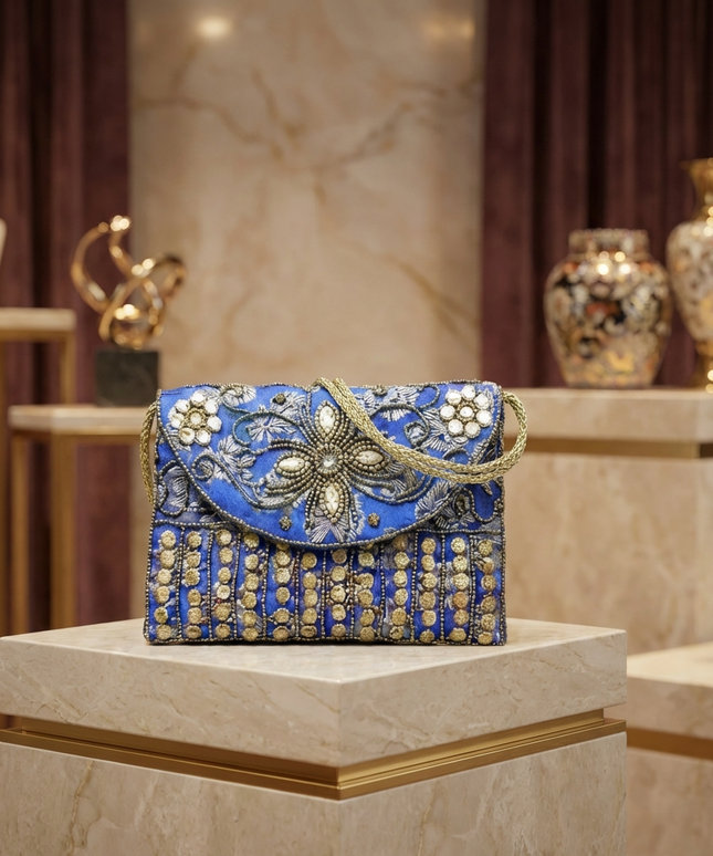 موديل محجبة أنيقة في متجر فاخر ترتدي حجاب أزرق وذهبي وبليزر بيج وبنطلون أزرق تحمل شنطة ملكة الفاخرة على كتفها بسلسلة ذهبية - كلاتش أزرق ملكي مطرز يدوياً على طبقتين بمئات من حبات اللؤلؤ الأبيض والخرز الذهبي والفضي مع شراشيب قماشية أنيقة - شنطة سهرة ملكية للأفراح والمناسبات الرسمية من كنوز مصر
