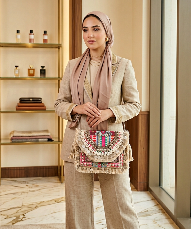 شنطة الواحة الملونة معروضة على طاولة رخامية في بوتيك فاخر - حقيبة كروس بوهيمية بتطريز هندسي ملون يدوي (فوشيا، تركواز، برتقالي) مع صدف الودع الطبيعي والعملات الفضية والشراشيب القطنية الكثيفة على كتان بيج - قطعة فنية للمصايف والجامعة من كنوز مصر
