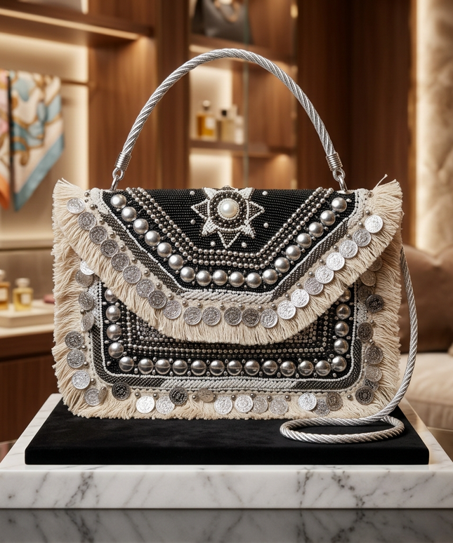 موديل محجبة أنيقة ترتدي بدلة بيج فاخرة تحمل شنطة عين الملكة الفضية بحزام فضي مجدول - حقيبة يد كلاسيكية بالعين الحامية واللؤلؤ الفضي للسهرات والمناسبات الرسمية من كنوز مصر
