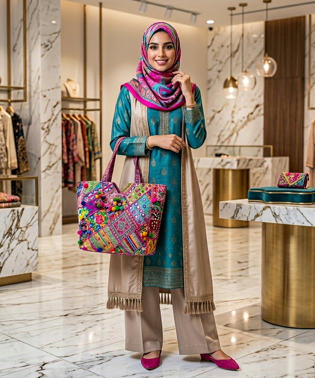 موديل محجبة أنيقة في متجر فاخر ترتدي حجاب ملون وقفطان تركواز راقي وتحمل شنطة كرنفال السعادة من كنوز مصر – حقيبة توت ملونة بباتشوورك فني ومرايا لامعة وبوم بوم، مناسبة للجامعة والمصيف والخروجات المبهجة
