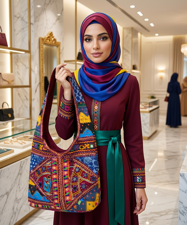 موديل محجبة أنيقة في متجر فاخر تحمل شنطة قمر الليل الفاخرة على كتفها - كلاتش أزرق ملكي قمري مطرز يدوياً على طبقتين بمئات من حبات اللؤلؤ الأبيض والخرز الذهبي والفضي مع شراشيب قماشية أنيقة - شنطة سهرة قمرية للأفراح والمناسبات الليلية الرسمية من كنوز مصر
