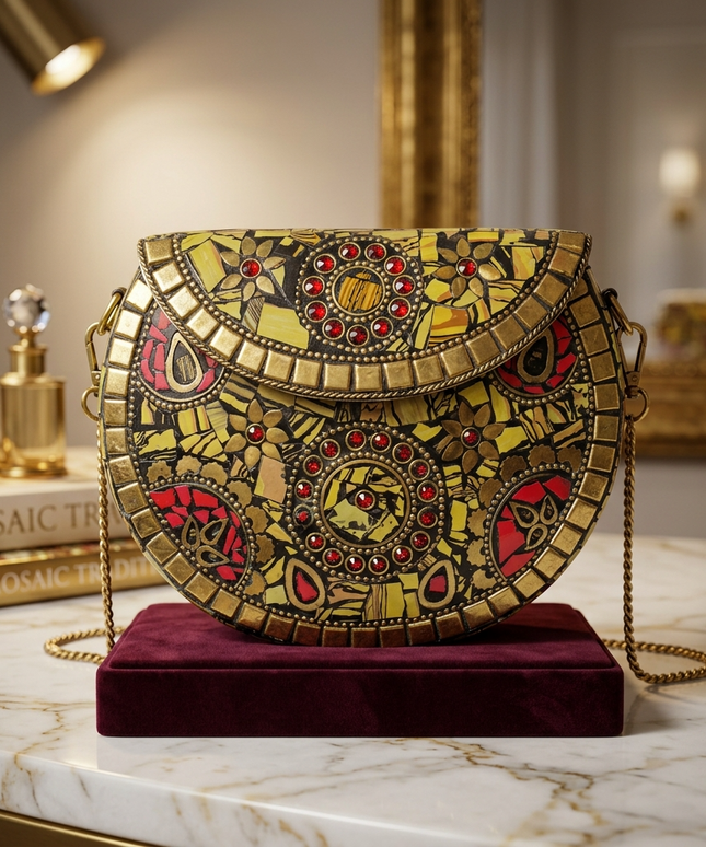 تفاصيل قريبة لشنطة قمر الصحراء الذهبي - كلاتش موزاييك فرعوني فاخر بأكثر من 350 قطعة ذهبية وأحجار حمراء وسوداء على قاعدة مخملية حمراء - صناعة يدوية من كنوز مصر
