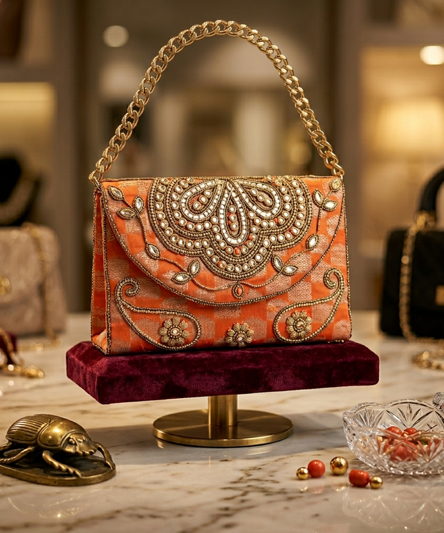 تفاصيل التطريز اليدوي الفاخر بالخرز الذهبي واللؤلؤ والكريستال - شنطة كنوز شهرزاد الساحرة صناعة حرفيات مصريات
