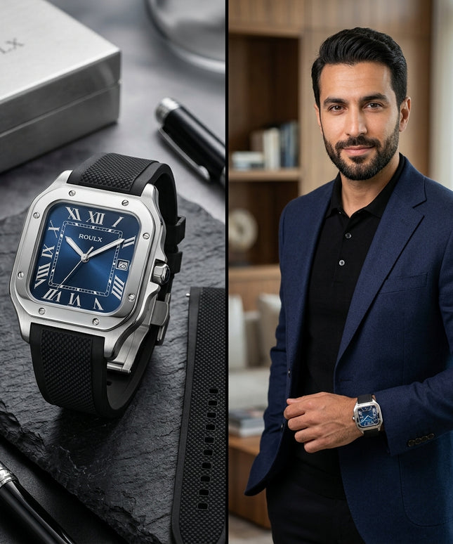 ساعة Arabian Luxe Midnight Blue من كنوز مصر - ستيل 904L أصلي فاخر جداً مع ميناء أزرق منتصف الليل عميق جداً وأرقام رومانية ذهبية براقة عريقة، حركة أوتوماتيك ميكانيكي سويسري دقيق جداً، نافذة تاريخ دقيقة واضحة جداً، سلسلة ستيل مصقولة براقة فاخرة، عقارب ذهبية لامعة، مقاومة ماء 150 متر عالية جداً، صندوق جلدي فاخر مع شهادة أصالة، ضمان شامل 36 شهر، وزن 220 غرام
