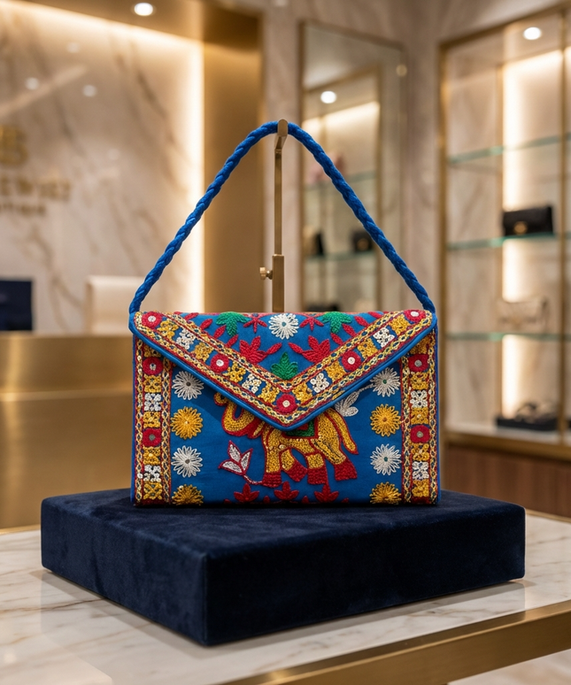 موديل محجبة أنيقة في متجر فاخر ترتدي حجاب أزرق ملكي ومعطف بيج وفستان أزرق داكن تحمل شنطة سحر البوهيمية على كتفها بيد حبل مجدول أزرق - كلاتش Envelope مطرز يدوياً بالخرز الملون والمرايات الصغيرة بزخارف شعبية هندية تقليدية تتضمن فيل ملون وورود متناثرة على قماش أزرق ملكي - شنطة بوهيمية للإطلالات العصرية والمناسبات من كنوز مصر
