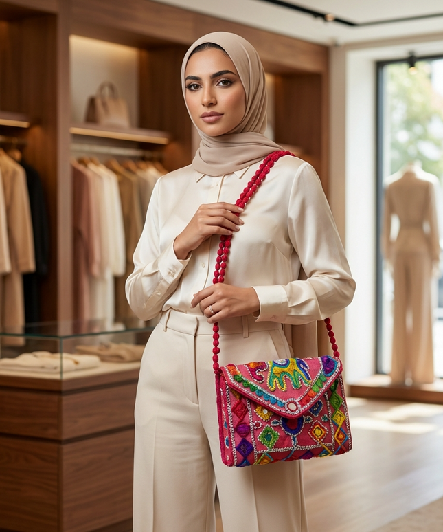 موديل محجبة أنيقة ترتدي ملابس كاجوال وتحمل شنطة الجوهرة الملونة على كتفها - حقيبة بوهيمية وردية بتطريز يدوي ملون وتصميم الفيل الهندي مع مرايا عاكسة وكرات بوم بوم وحزام مجدول - شنطة صيفية عصرية للخروجات من كنوز مصر
