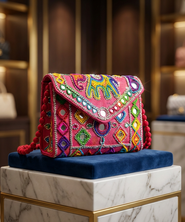 تفاصيل قريبة لشنطة الجوهرة الملونة تظهر التطريز اليدوي الدقيق للفيل والمرايا العاكسة - حقيبة قماش وردي فوشيا مزينة بكرات البوم بوم الملونة وحزام مجدول - شنطة يد كروس بوهيمية مميزة من كنوز مصر
