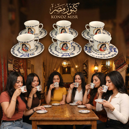 تفاصيل الخط العربي الأصيل واللمسات الذهبية على طقم فناجين حكاية مصرية