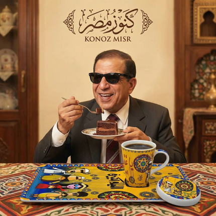 طقم الليلة الكبيرة من بورسلين فتحي محمود - أكواب كبيرة بغطاء وصواني برسومات فولكلورية متوفر بـ 4 ألوان (أزرق، بيج، أصفر، بني) من كنوز مصر
