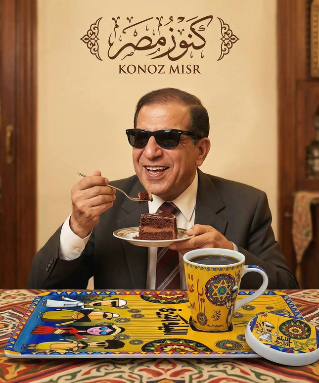 طقم الليلة الكبيرة من بورسلين فتحي محمود - أكواب كبيرة بغطاء وصواني برسومات فولكلورية متوفر بـ 4 ألوان (أزرق، بيج، أصفر، بني) من كنوز مصر
