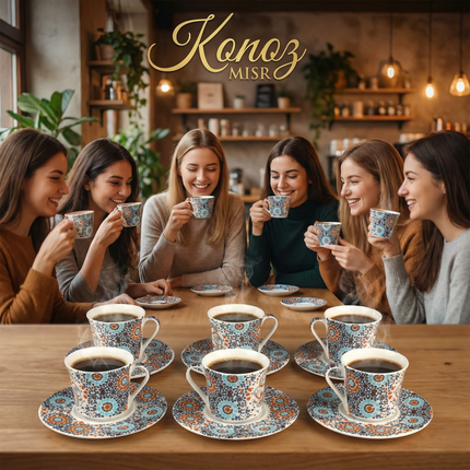  تفاصيل زخارف الفسيفساء الإسلامية والألوان الزاهية على طقم فناجين أنغام التراث
