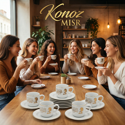 طقم فناجين قهوة "الصحبة الحلوة" ☕ بورسلين فاخر - المصرية الألمانية فتحي محمود - تصميم عصري بألوان الأزرق والبرتقالي المبهجة من كنوز مصر