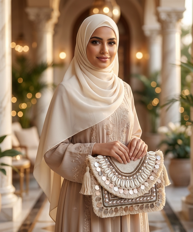 شنطة كنز الصدف الملكية معروضة على قاعدة مخملية في متجر فاخر - كلاتش بوهيمي بيج بتطريز يدوي بصدف الودع الطبيعي والعملات المعدنية التراثية واللؤلؤ البرونزي مع شراشيب قطنية كثيفة - قطعة فنية للمناسبات الصيفية من كنوز مصر
