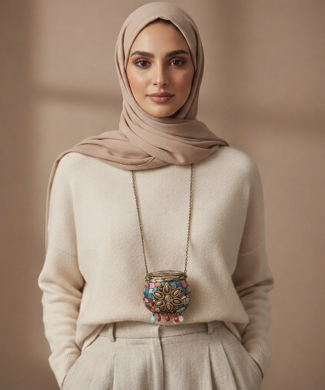 موديل محجبة أنيقة ترتدي بلوفر بيج وتضع شنطة تميمة السعادة الموزاييك كقلادة طويلة - ميكرو باج يدوية بألوان مبهجة وسلسلة ذهبية من كنوز مصر
