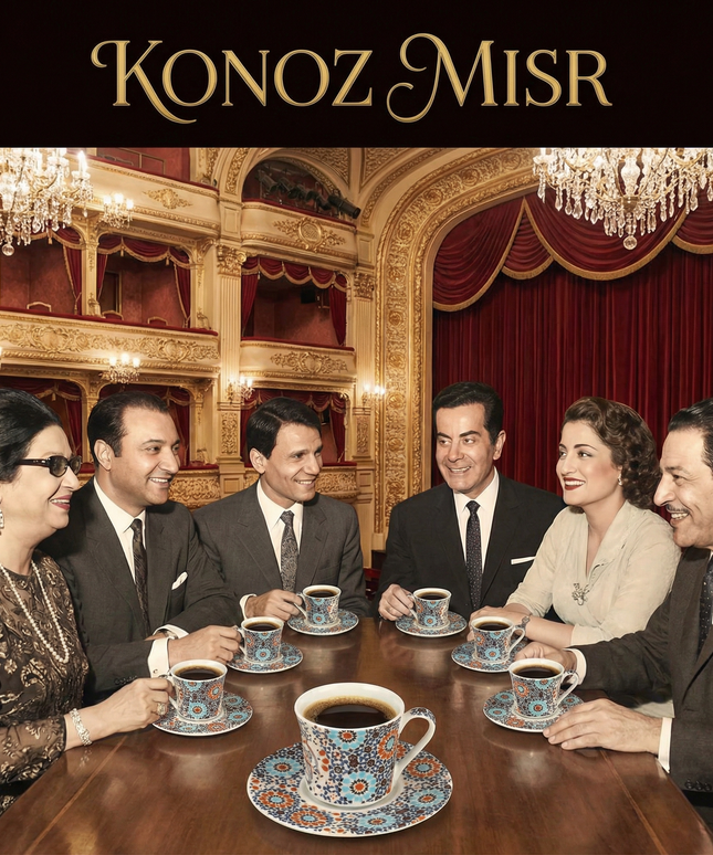 طقم فناجين أنغام التراث بورسلين فاخر من فتحي محمود - زخارف فسيفساء بألوان الأزرق والبرتقالي - كنوز مصر
