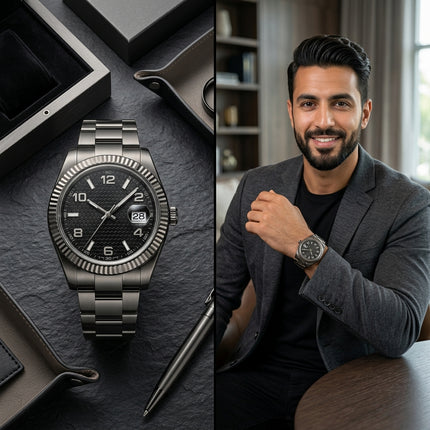 ساعة Luxury Sport Black Date من كنوز مصر - ستيل فاخر جداً بتصميم دائري رياضي فخم جداً مع ميناء أسود ناصع ناصع مع نقوش دقيقة وأرقام عربية وإفرنجية براقة، حركة كوارتز سويسري دقيقة جداً موثوقة، نافذة تاريخ واضحة جداً دقيقة جداً، سلسلة ستيل سميكة قوية جداً فاخرة، عقارب براقة، مقاومة ماء 200 متر عالية جداً جداً، صندوق جلدي فاخر مع شهادة أصالة، ضمان شامل كامل 36 شهر، وزن 250 غرام، حجم 42 ملم رياضي

