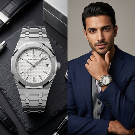 "ساعة Audemars Piguet Royal من كنوز مصر – ستيل فاخر جداً 904L أصلي، ميناء أبيض فاتح كريمي ناعم جداً، أرقام رومانية ذهبية عريقة، حركة أوتوماتيك ميكانيكي سويسري عالي الدقة، نافذة تاريخ دقيقة، عقارب ذهبية مجوفة براقة، مقاومة ماء 100 متر، سلسلة ستيل جوبيليه مجوفة فاخرة جداً، وزن 240 غرام، حجم 41 مم، ضمان 36 شهر"

