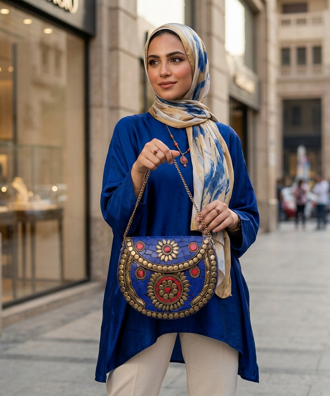 منظر جانبي لشنطة لؤلؤة النيل الزرقاء يُظهر السماكة والجودة والسلسلة النحاسية الذهبية القابلة للفصل - كلاتش متعدد الاستخدامات من كنوز مصر
