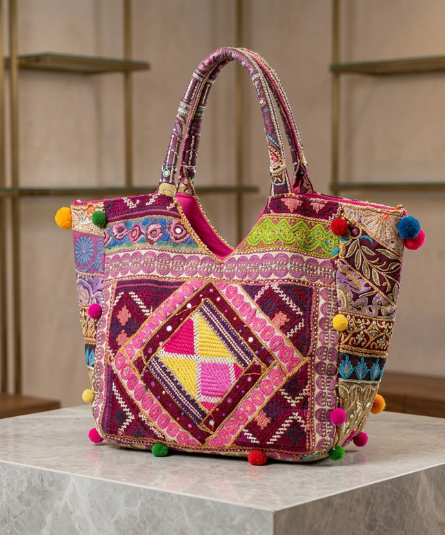 موديل محجبة أنيقة في مكتب فاخر ترتدي حجاب عنابي وبليزر عنابي راقي وفستان بيج وتحمل شنطة شهرزاد العنابية المطرزة من كنوز مصر – إطلالة راقية للعمل والمناسبات الرسمية مع حقيبة توت بوهيمية فاخرة بتطريز يدوي وألوان دافئة