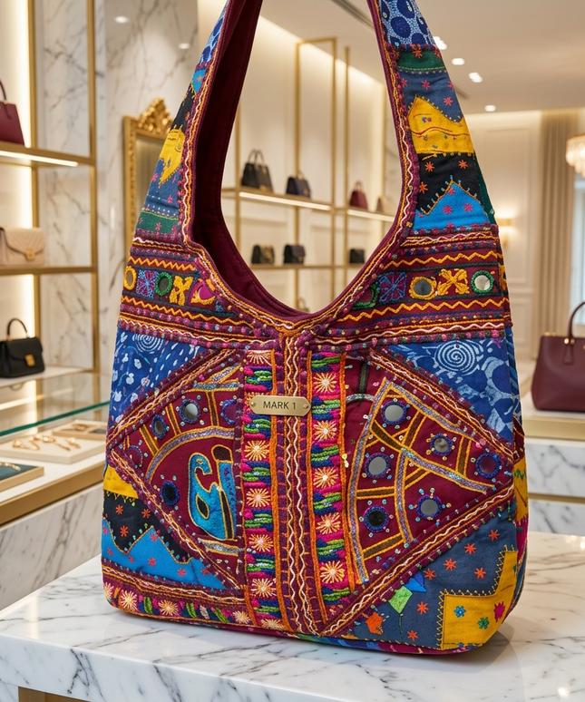 تفاصيل قريبة لشنطة قمر الليل الفاخرة على قاعدة رخامية - كلاتش أزرق ملكي قمري بتطريز يدوي على طبقتين: غطاء علوي بزهرة كريستالية قمرية ونقوش بيزلي مرصعة باللؤلؤ الأبيض وجسم سفلي بخطوط عمودية من الخرز الذهبي والفضي اللامع مع شراشيب قماشية أنيقة متدلية وسلسلة ذهبية قابلة للفصل من كنوز مصر
