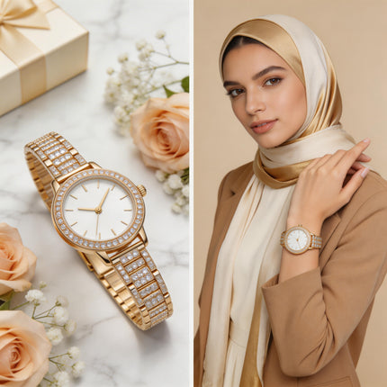 ساعة نسائية ملكية من معدن ستيل 316L بطلاء ذهبي وفضي ثنائي، شاشة أزرق ملكي فاخر، 60 ماسة حقيقية في الإطار، تاريخ ديجيتال، حركة كوارتز سويسرية عالية الدقة، زجاج معاد للخدش، سير ثنائي اللون، مقاومة للماء 50 متر - كنوز مصر
