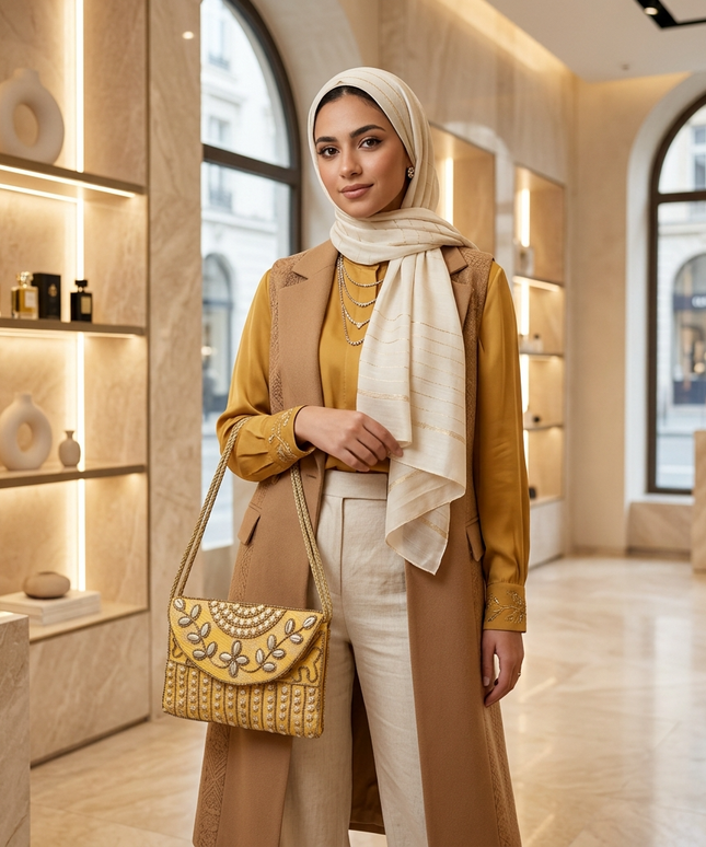 شنطة كنوز نفرتيتي الذهبية حقيبة كتف فاخرة بحبل مجدول عصري مطرزة يدوياً بالخرز الذهبي والفضي - صناعة يدوية مصرية من كنوز مصر
