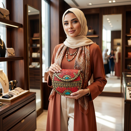  سيدة أنيقة محجبة ترتدي ملابس ترابية تحمل شنطة ياقوتة النيل الحمراء الموزاييك الفرعونية في متجر فاخر - إطلالة راقية من كنوز مصر

