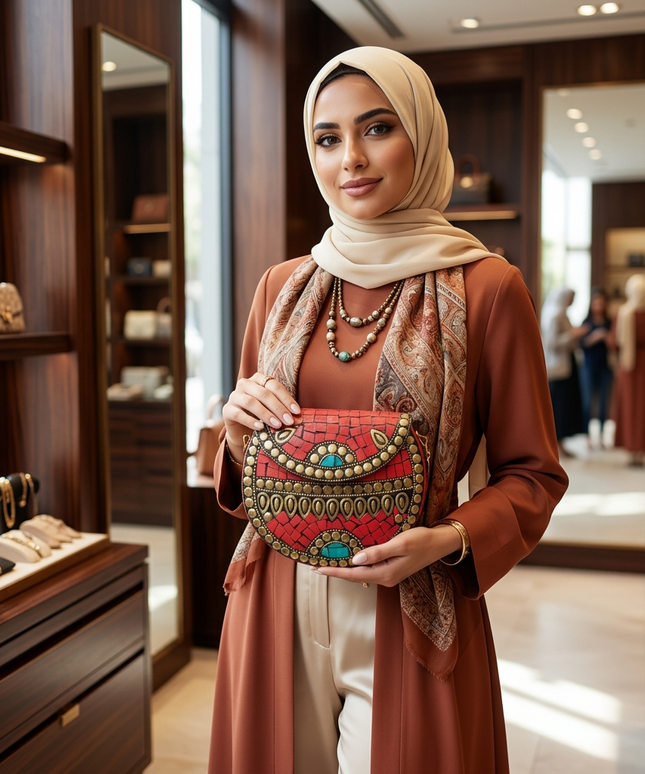  سيدة أنيقة محجبة ترتدي ملابس ترابية تحمل شنطة ياقوتة النيل الحمراء الموزاييك الفرعونية في متجر فاخر - إطلالة راقية من كنوز مصر
