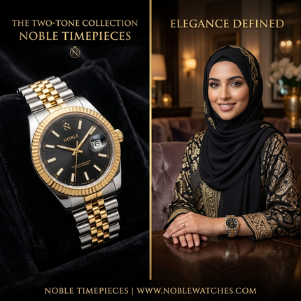 ساعة نسائية نوبل من معدن ستيل 316L بطلاء ذهبي وفضي مزدوج، شاشة أسود عميق فاخر، 55 ماسة حقيقية في الإطار، عقارب ذهبية براقة، أرقام لاتينية رومانية فاخرة، تاريخ ديجيتال، حركة كوارتز سويسرية فائقة الدقة، زجاج معاد للخدش - كنوز مصر
