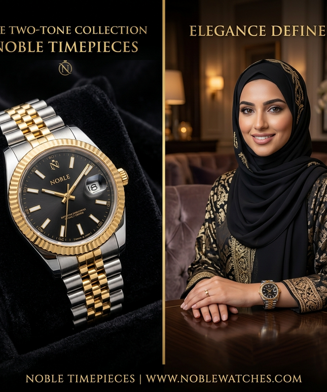 ساعة نسائية نوبل من معدن ستيل 316L بطلاء ذهبي وفضي مزدوج، شاشة أسود عميق فاخر، 55 ماسة حقيقية في الإطار، عقارب ذهبية براقة، أرقام لاتينية رومانية فاخرة، تاريخ ديجيتال، حركة كوارتز سويسرية فائقة الدقة، زجاج معاد للخدش - كنوز مصر
