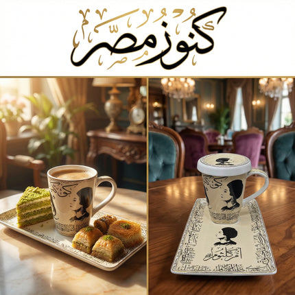  فنجان قهوة تراثي بتصميم أم كلثوم مع غطاء بورسلين وصينية تقديم أنيقة
